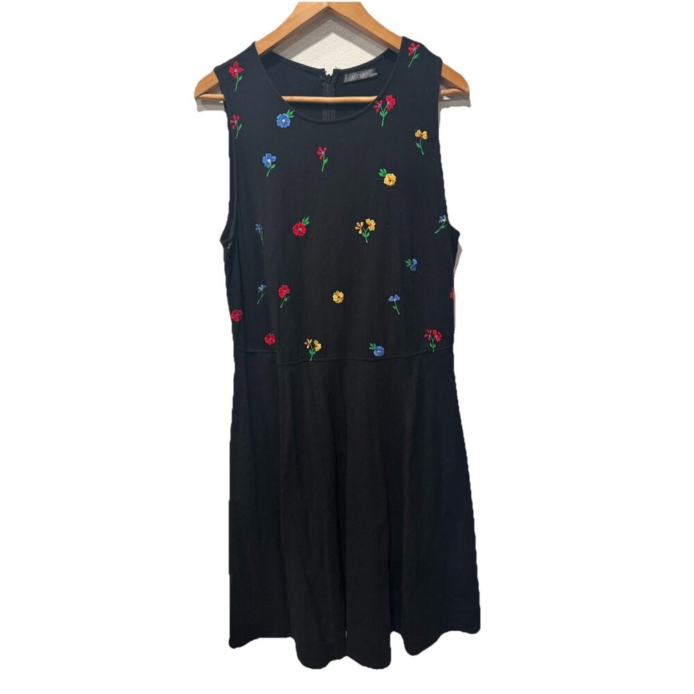 eShakti Floral Embroidery Knit Over the Knee Black Dress with Pockets Sz 2X
